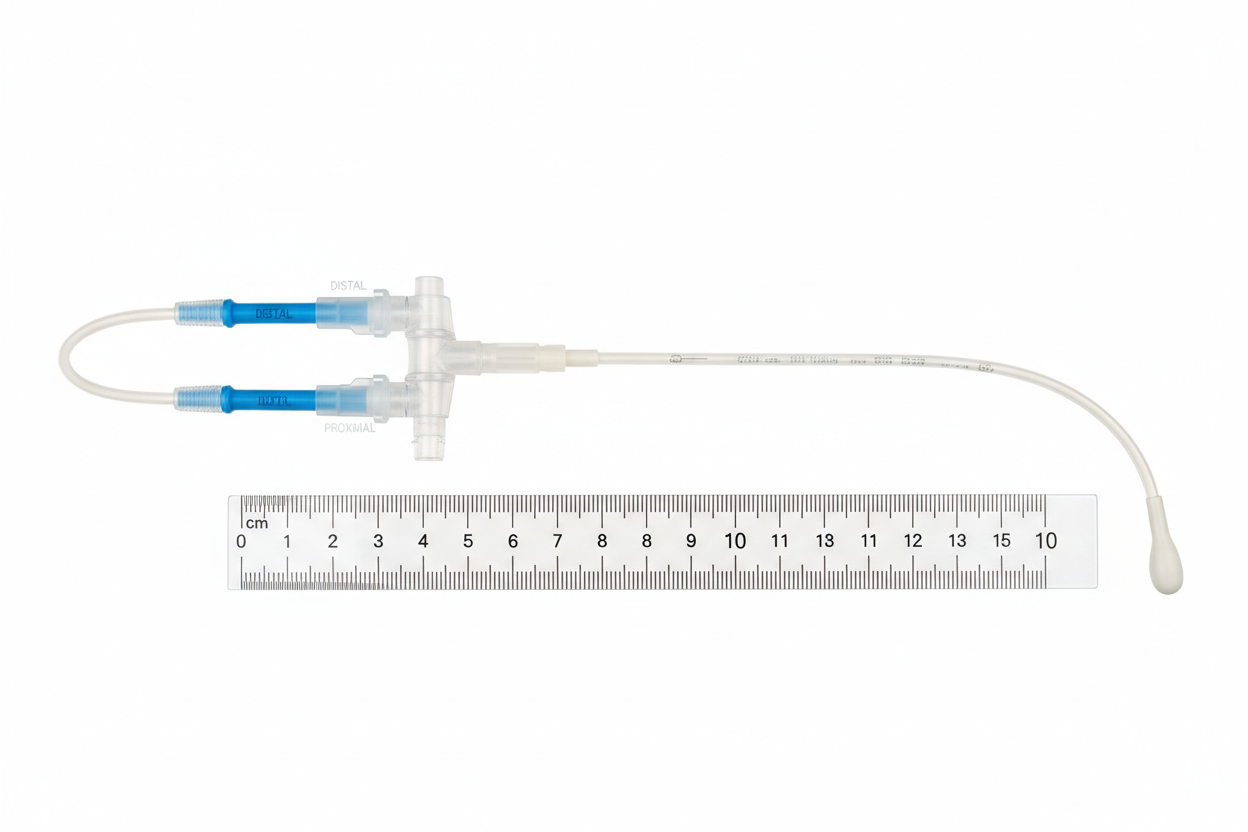 Complete dual-lumen PICC line assembly flat-lay on white: bifurcated hub, blue and white color-coded Luer-lock extensions, catheter shaft, atraumatic distal tip, centimeter ruler alongside