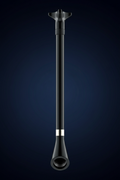 Large bore aspiration catheter standing vertically against deep navy gradient background with platinum distal marker band visible