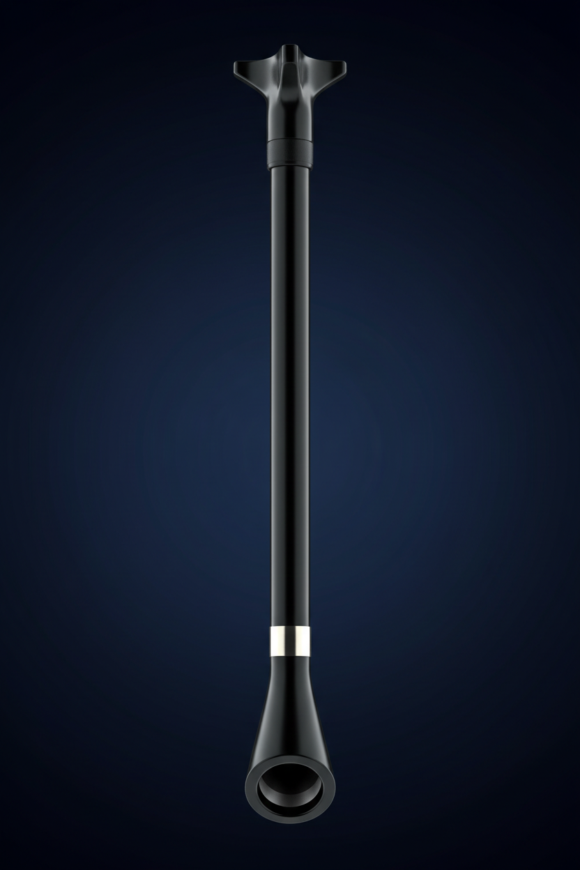 Large bore aspiration catheter standing vertically against deep navy gradient background with platinum distal marker band visible