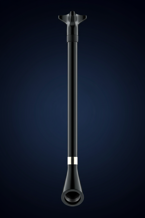 Large bore aspiration catheter standing vertically against deep navy gradient background with platinum distal marker band visible