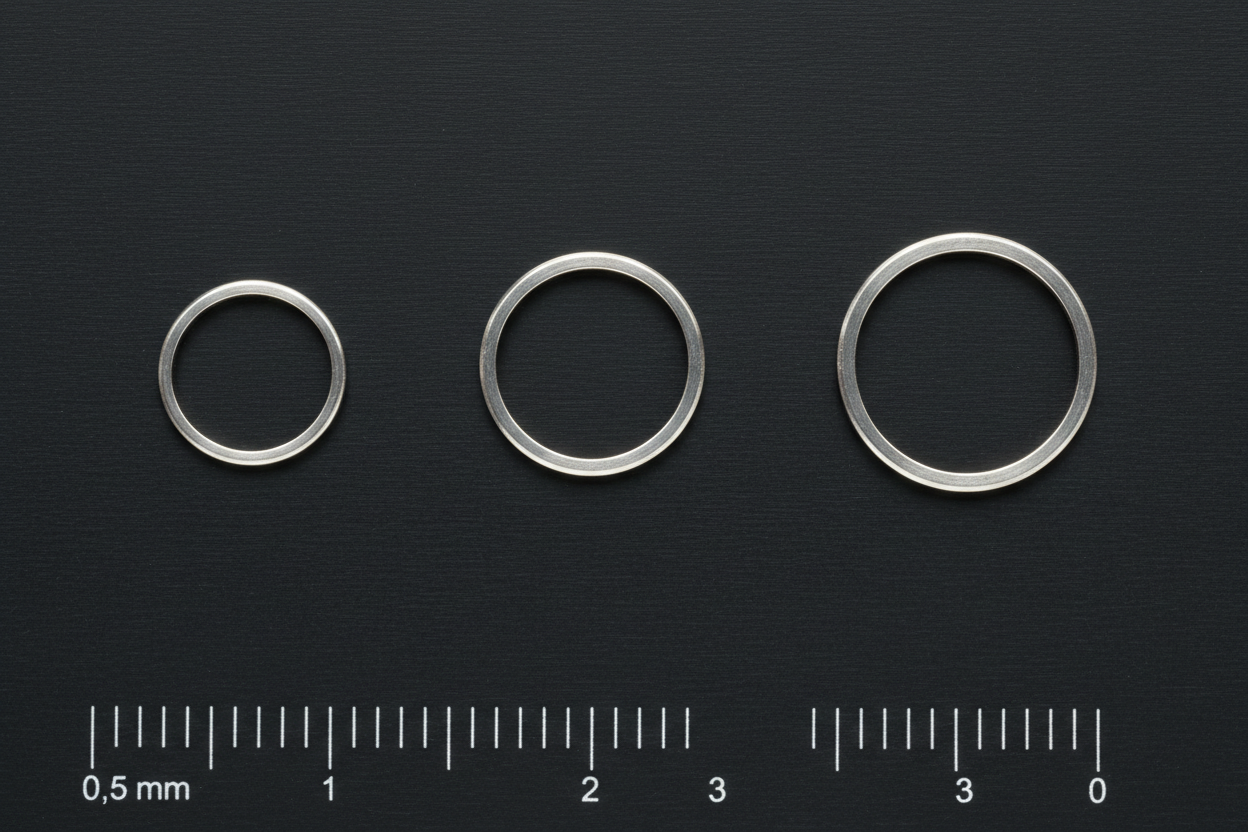 Three platinum full-ring marker bands in ascending width order on matte-black surface with reticle ruler