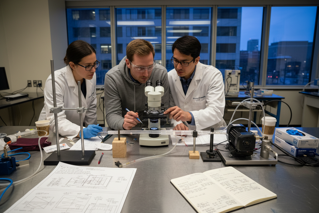 M4D engineer and two academic researchers examining a first-article catheter prototype under a stereo microscope, engineering drawings and test fixtures on bench, open notebook with dimensional data
