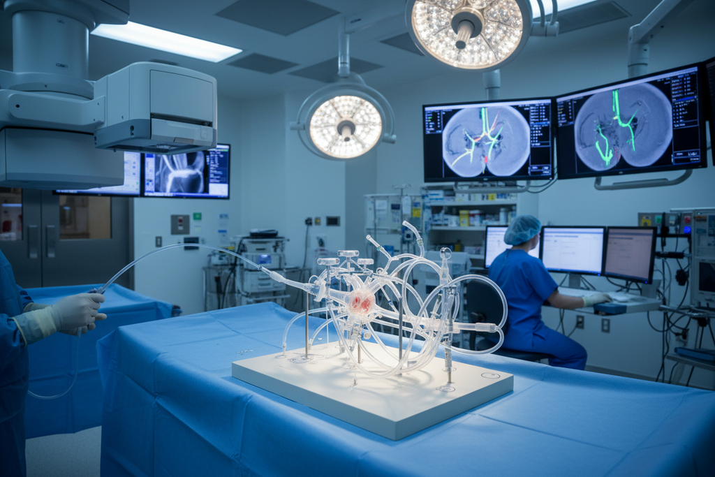 Neuro intermediate catheter tracking through vascular model on angio table in hybrid OR suite, C-arm gantry at lateral angulation, nurse at workstation in background, sterile field