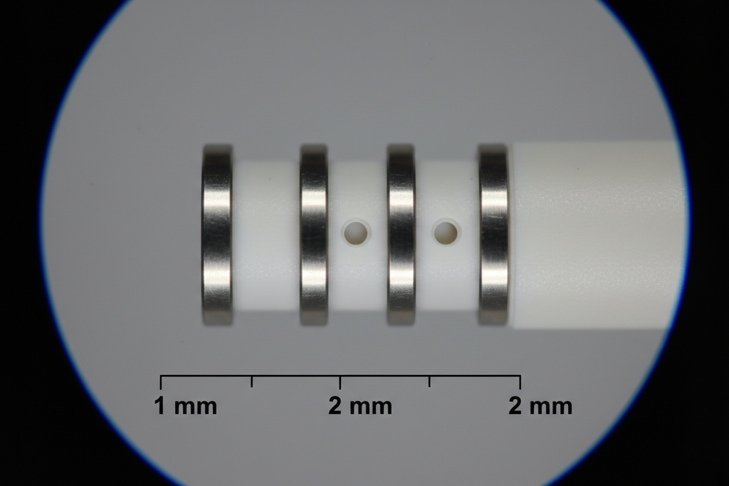 10x stereomicroscope close-up of 4-pole platinum-iridium ring electrode array, 1 mm ring width, 2 mm spacing, irrigation port holes between electrodes 3 and 4, Pebax 35D shaft surface, calibrated reticle scale bar overlaid
