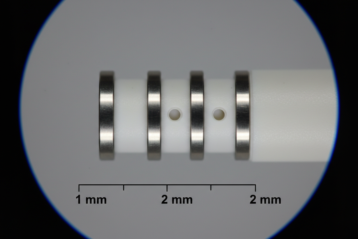 10x stereomicroscope close-up of 4-pole platinum-iridium ring electrode array, 1 mm ring width, 2 mm spacing, irrigation port holes between electrodes 3 and 4, Pebax 35D shaft surface, calibrated reticle scale bar overlaid