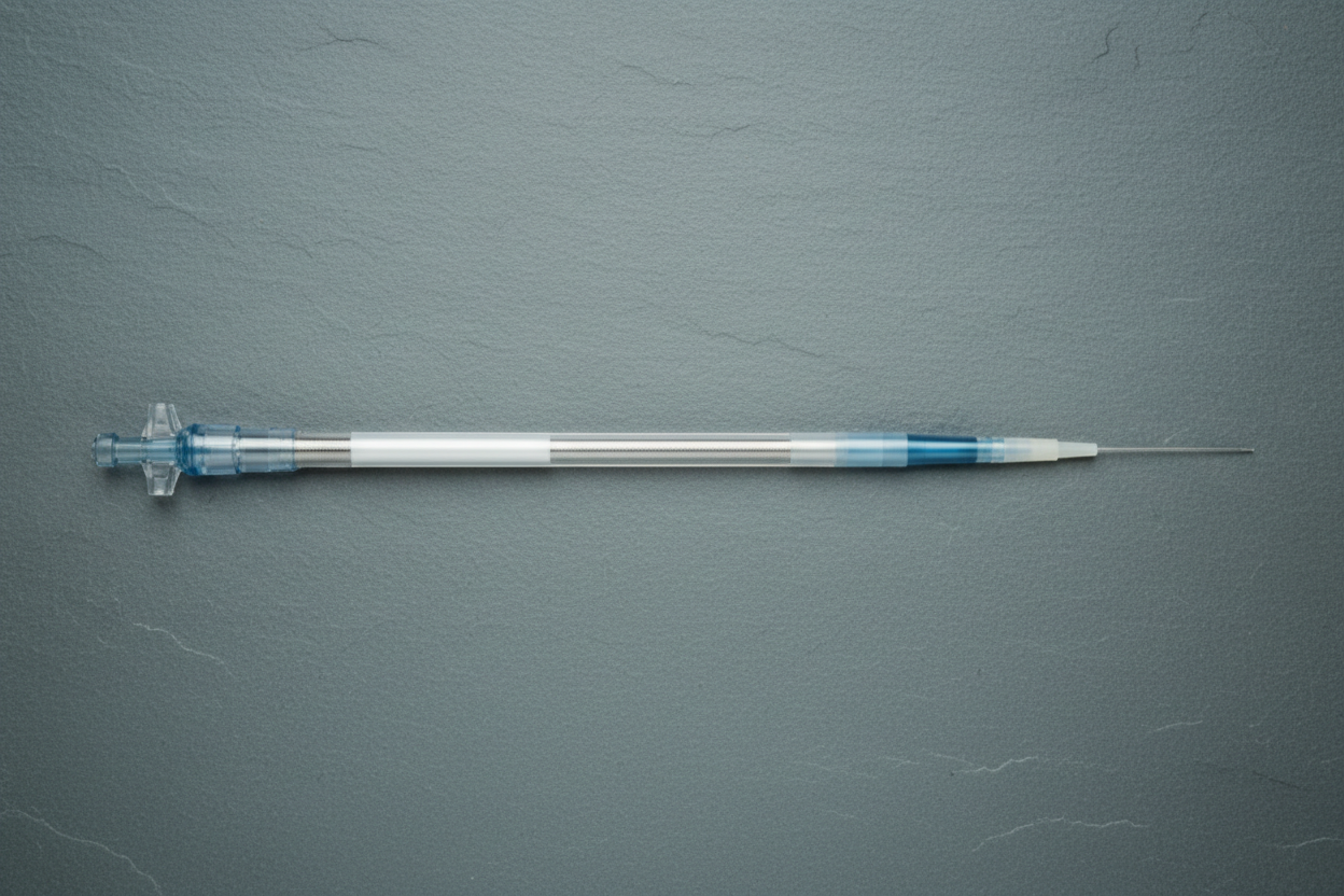32-wire nitinol braid guide catheter laid straight on slate gray surface with bilateral rim lighting