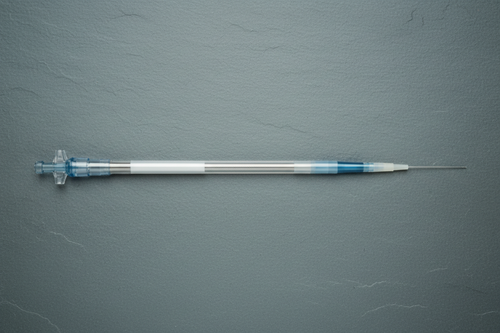 32-wire nitinol braid guide catheter laid straight on slate gray surface with bilateral rim lighting