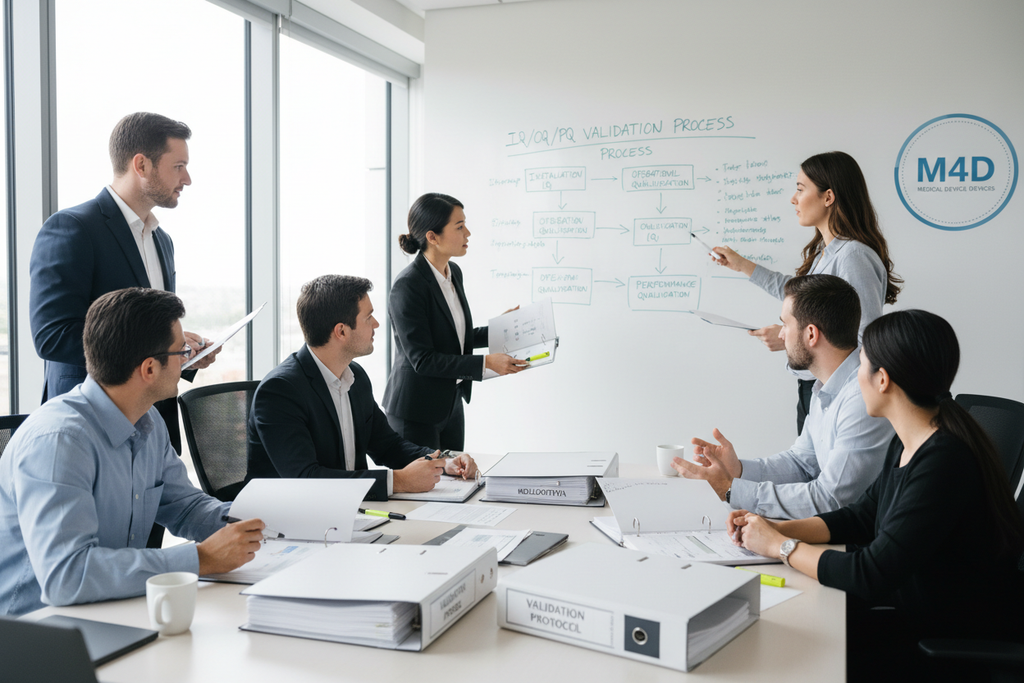 M4D engineers in conference room reviewing IQ/OQ/PQ validation protocol binders at a whiteboard