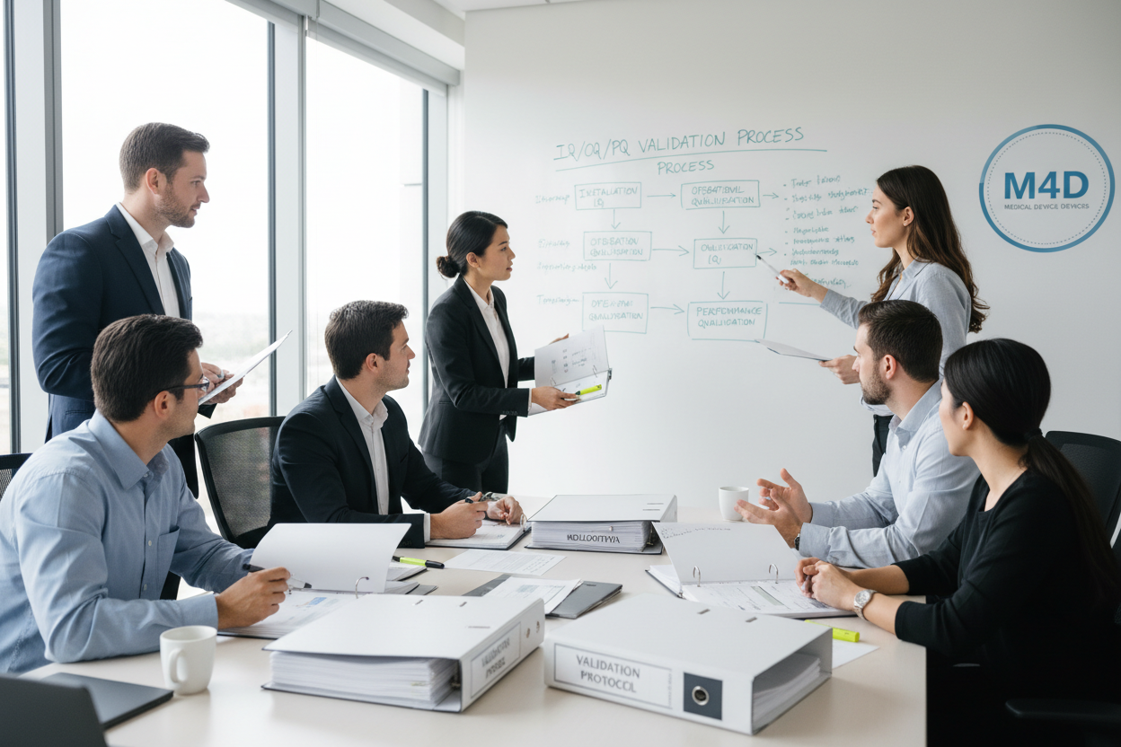 M4D engineers in conference room reviewing IQ/OQ/PQ validation protocol binders at a whiteboard