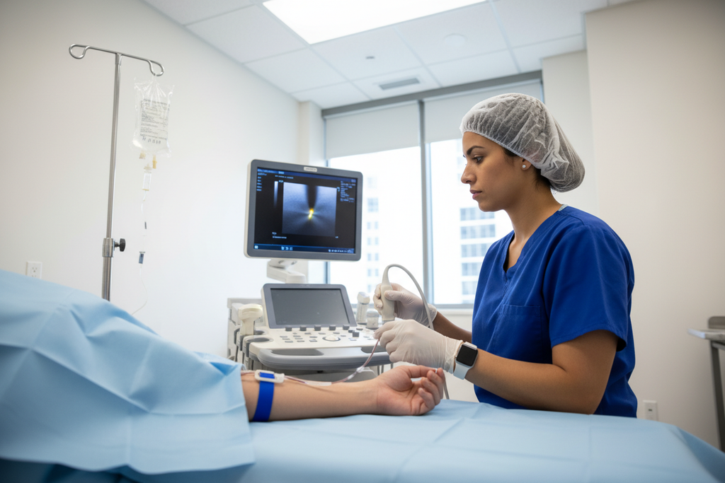 Vascular access nurse inserting PICC line under ultrasound guidance in hospital infusion suite, patient arm on procedure table, ultrasound machine beside nurse, IV pole with infusion bag in background