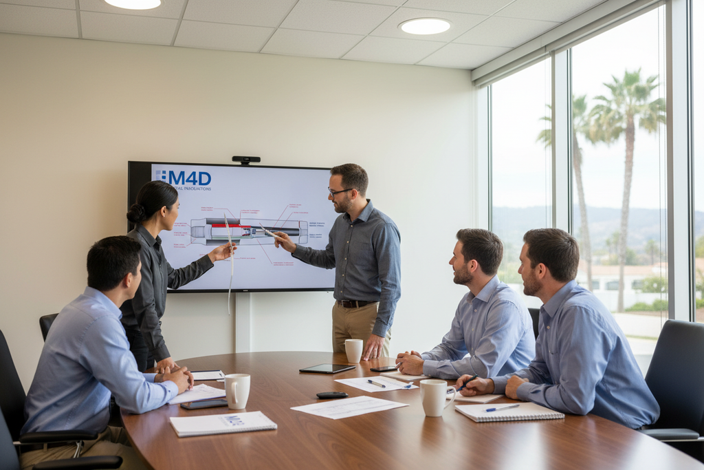 Four engineers around a conference table reviewing a catheter prototype, one annotating a cross-section drawing on a large monitor, M4D-branded materials, professional office setting