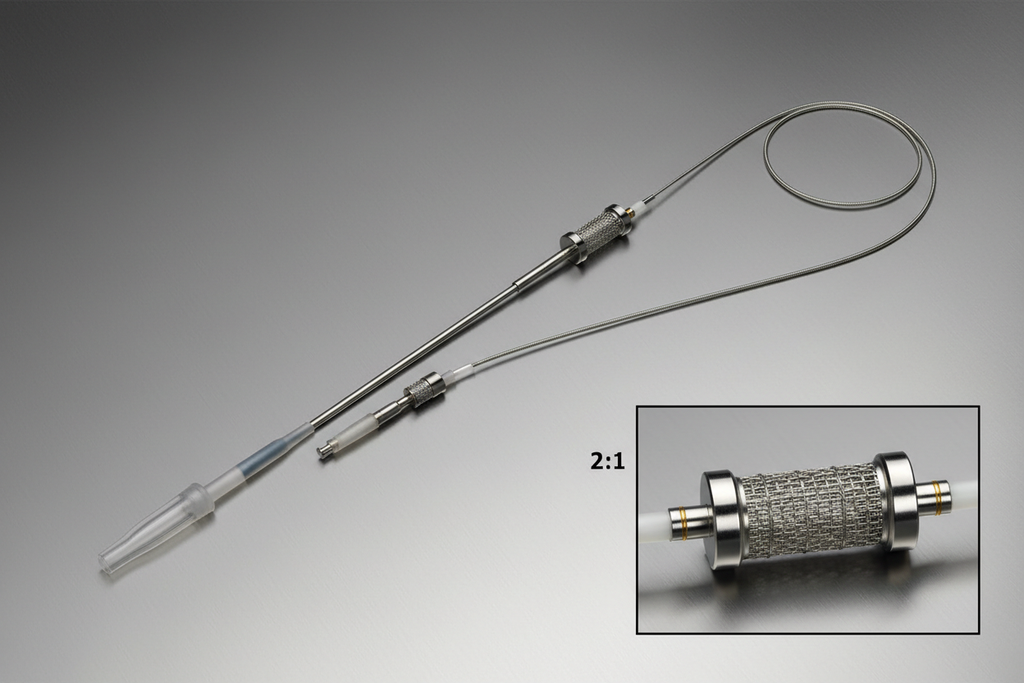 Full stent delivery system on surgical-steel-gray background, diagonal orientation, 2:1 macro inset of stent-loaded balloon section with dual platinum full-ring marker bands at balloon shoulders