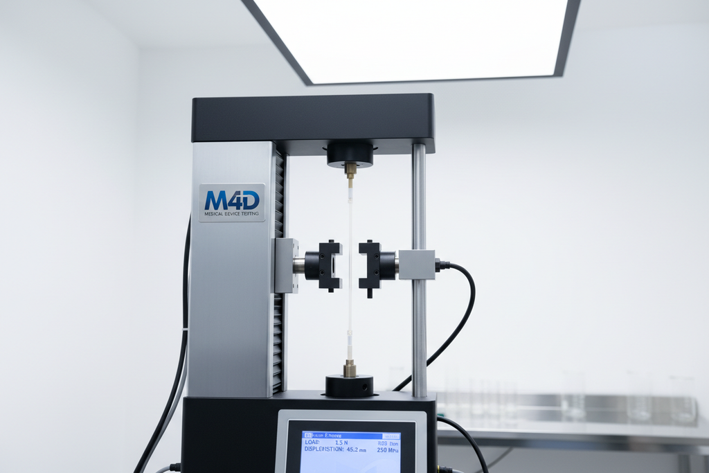 Calibrated tensile test frame with catheter shaft sample mounted between grips, test data on digital controller screen, M4D logo badge, white laboratory background