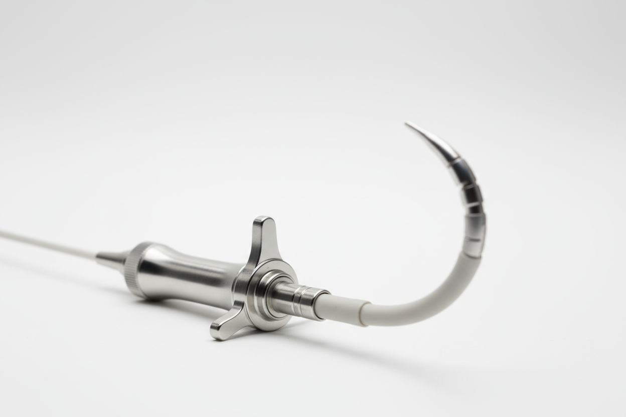 Structural heart steerable delivery catheter with handle in foreground and 90° deflected tip on off-white background