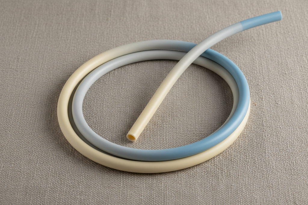Three-zone Pebax catheter shaft coiled in figure-8 on warm-gray fabric, ivory proximal, light gray mid, soft blue distal zones