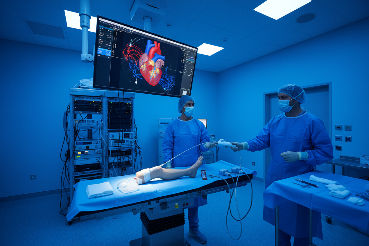 EP catheter emerging from femoral sheath model on procedure table, 3D electroanatomic mapping system on ceiling-mounted monitor, EP nurse handing catheter handle to physician, blue EP lab ambient lighting