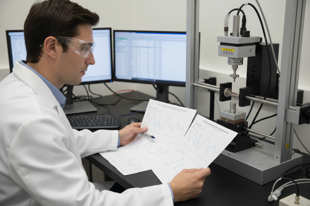 Engineer reviewing printed force-displacement curves at tensile test bench, catheter stent sample in test fixture, QCBD workstation in background, laboratory coat and safety glasses