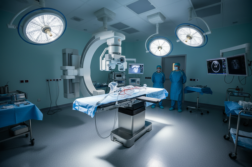 IR suite with C-arm in AP position, balloon-expandable stent delivery system beside iliac vascular phantom on procedure table, clinical endovascular environment