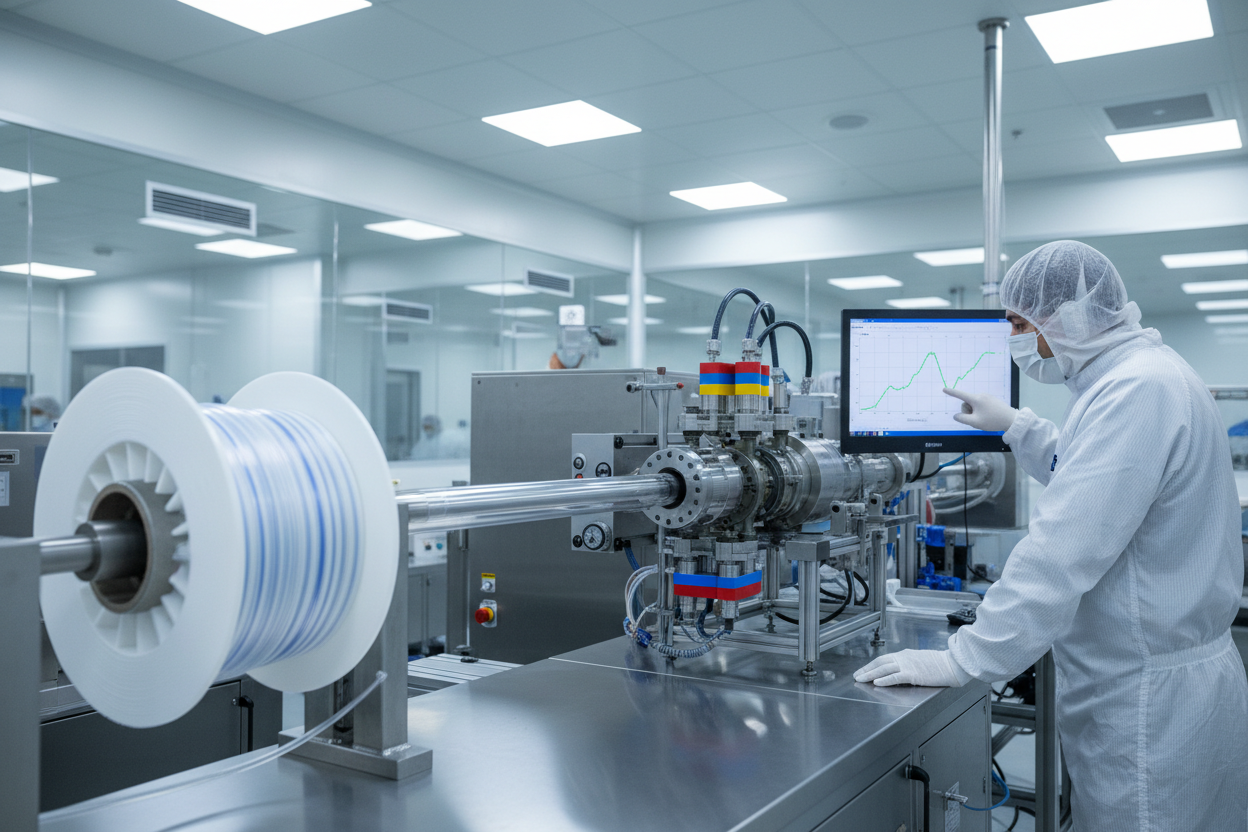Catheter shaft on extrusion line showing multi-die crosshead die assembly, technician reviewing laser micrometer OD trace, cleanroom environment
