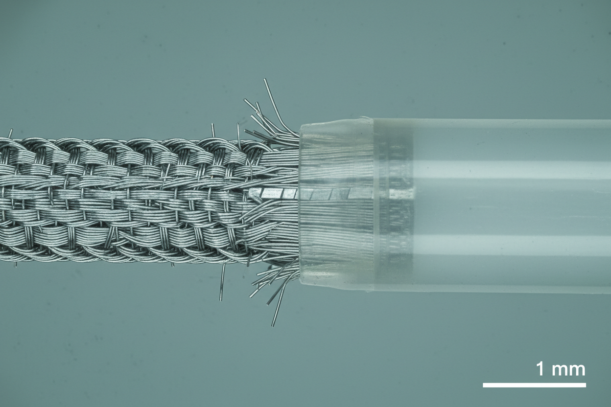 10x magnification close-up of nitinol braid-to-Pebax transition zone on catheter shaft, braid wire termination and reflow bond interface visible, stereomicroscope illumination, scale bar overlaid