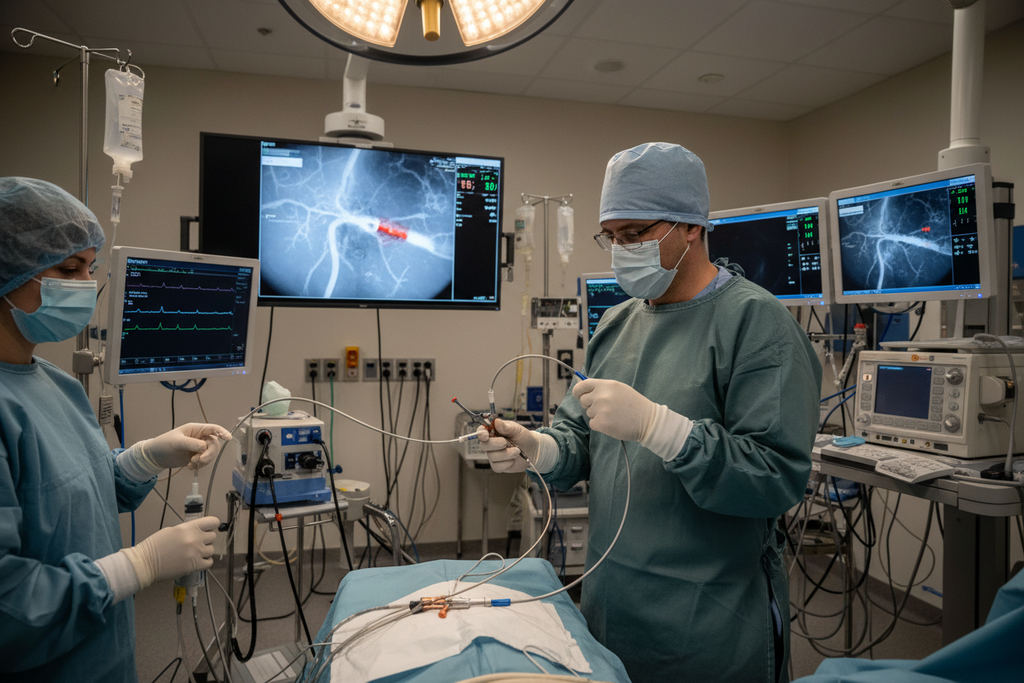 Guide extension catheter engaged coaxially through guiding catheter during complex CTO procedure in cardiac catheterization lab, fluoroscopy monitor showing coronary anatomy in background