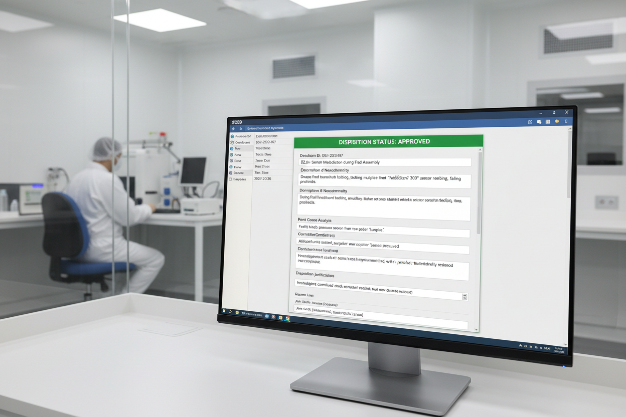 QCBD QMS screen showing open deviation record with Approved disposition status in a cleanroom office setting
