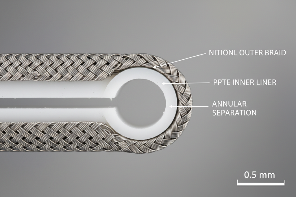 12x stereomicroscope close-up of dual-layer catheter cross-section showing nitinol braid wire geometry and PTFE inner liner, white annotation lines at layer boundaries, 0.5 mm scale bar overlaid