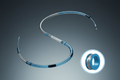 Neuro intermediate catheter in S-curve replicating cervical ICA tortuosity, dual-layer coaxial cutaway insert in lower right, cool-gray gradient background, bilateral rim lighting highlighting translucent 25D distal segment
