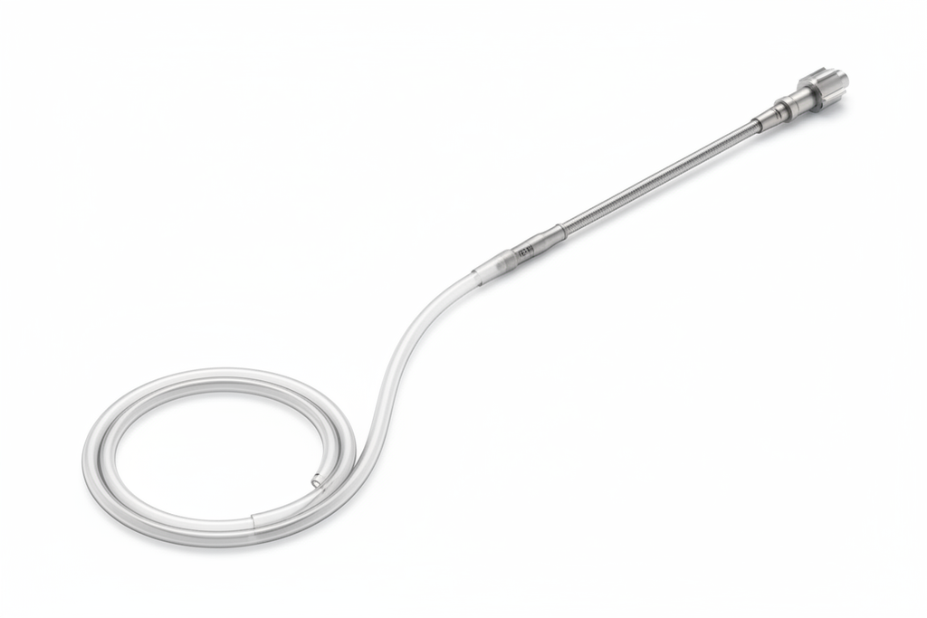 Rapid-exchange guide extension catheter on white background, distal Pebax 35D soft segment coiled in gentle radius showing hydrophilic coating sheen, full catheter length visible