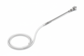 Rapid-exchange guide extension catheter on white background, distal Pebax 35D soft segment coiled in gentle radius showing hydrophilic coating sheen, full catheter length visible