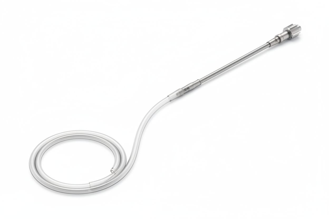 Rapid-exchange guide extension catheter on white background, distal Pebax 35D soft segment coiled in gentle radius showing hydrophilic coating sheen, full catheter length visible
