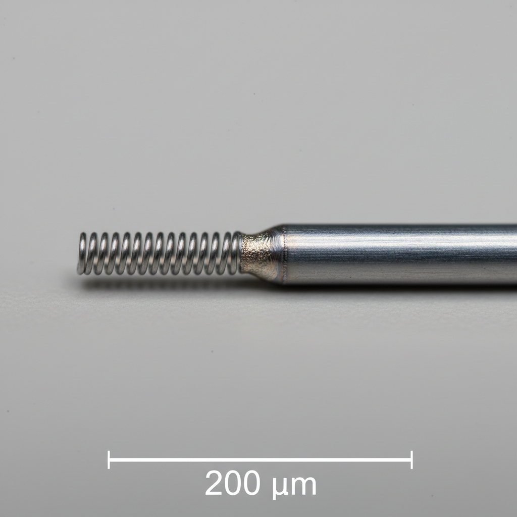 Nitinol coil-to-hypotube weld assembly on gray laboratory background with 200 µm scale bar