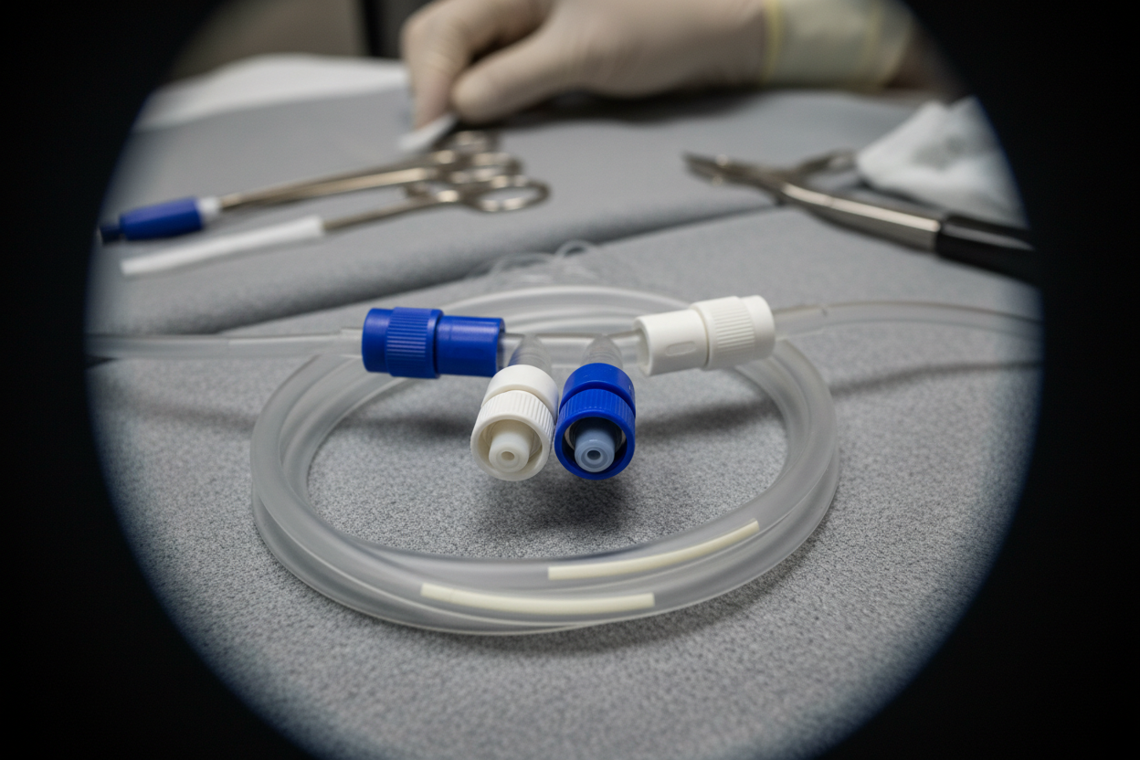 6x magnification close-up of bifurcated PICC line hub showing color-coded blue and white Luer-lock port connections and barium-sulfate radiopaque stripe along catheter shaft cross-section
